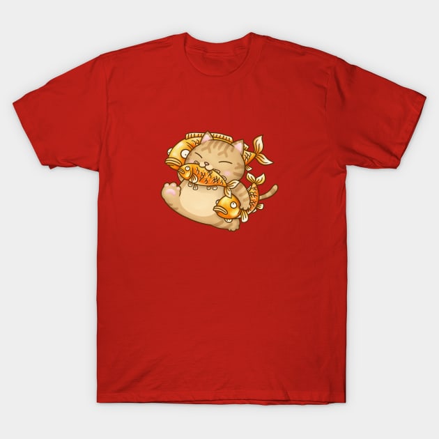 Fat Cat Stealing Fish T-Shirt by Takeda_Art